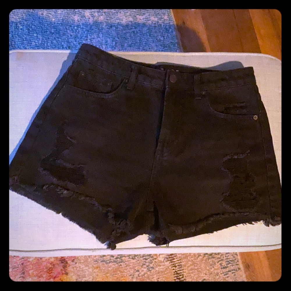 High waisted black denim shorts